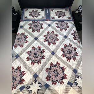 Vintage Cotton Patchwork Full Size Quilt Log Cabin & Star 80x88” & Pillowcases